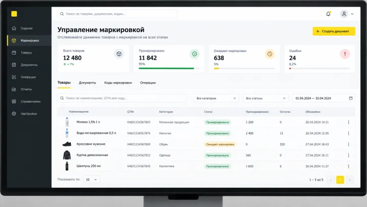 Рабочий интерфейс управления маркировкой товаров